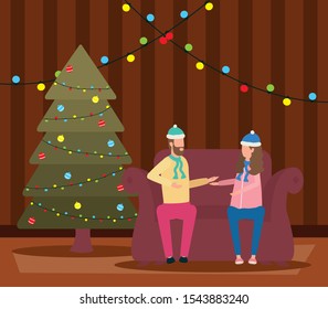 christmas couple celebrating in livingroom with pine tree vector illustration design