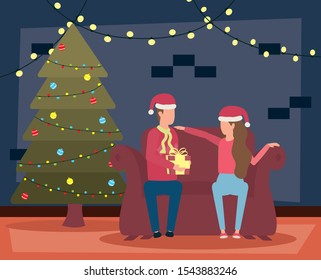 christmas couple celebrating in livingroom with pine tree vector illustration design