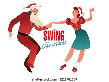 Christmas couple dancing swing, rock or lindy hop. Man dressed as Santa Claus and beautiful girl wearing Christmas clothes dancing retro music.