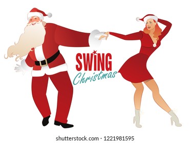 La pareja de Navidad bailando swing, rock o lindy hop. Hombre vestido de Papá Noel y hermosa chica con ropa de Navidad bailando música retro.