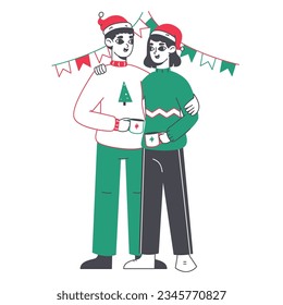 Christmas couple. Happy people celebrating Christmas, cute family enjoying winter holidays flat vector illustration