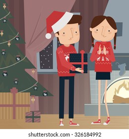 Christmas couple sharing gifts vector illustration