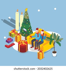 Christmas couple taking self portrait 3d isometric vector illustration concept for banner, website, landing page, ads, flyer