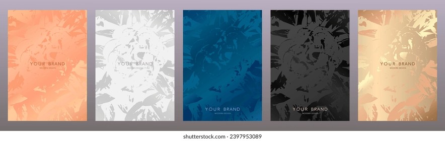 Christmas cover design set. Elegant vector background with floral texture pattern in premium blue, silver, peach, gold color. Lux template for wedding catalog, VIP invite, makeup box, brochure, flyer
