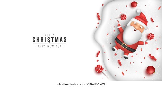 Christmas cover with emotional cartoon santa lies on a snowdrift with lollipops, candy, balls. Festive winter background for your design. New Year concept. Vector illustration. EPS 10
