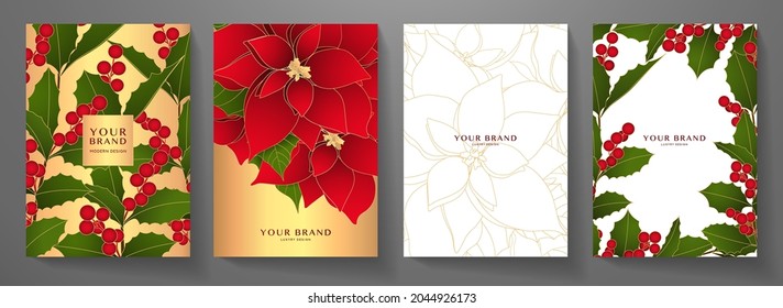 Christmas cover, frame design set. Vector template with red poinsettia flower, berries on gold, white background. Holiday decoration (backdrop) for celebration Christmas, invite card, new year