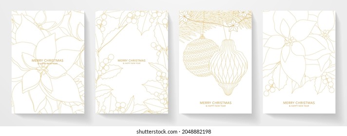 Christmas cover, frame design set. Vector template with gold line pattern, poinsettia flower, berries, Christmas tree with toys on white background. Holiday decoration for celebration New year, invite