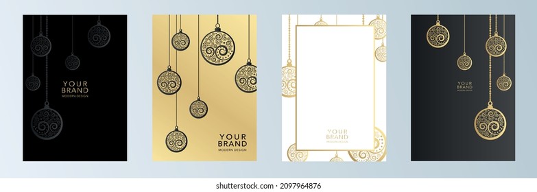 Christmas cover, frame design set. Winter vector template with gold line pattern snowball  in gold, black color background. Holiday decoration for celebration New year menu, brochure, flyer, catalog.