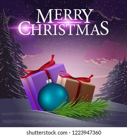 Christmas cover with purple winter landscape and gifts in the snow