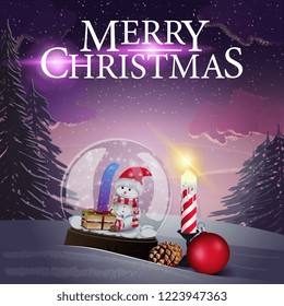 Christmas cover with purple winter landscape and snow globe in the snow