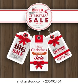 Christmas cover with white emblem and price stickers on the wooden background. Eps 10 vector file.