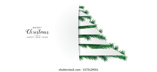 Christmas cover with white christmas tree and green fir branches.  Eps 10 vector file.