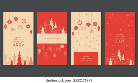 Christmas Covers For Social Media. Hanging Christmas tree balls, Scandinavian houses, forest in minimalistic geometric style. Vector