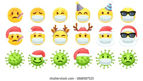 Christmas Covid emoji. Emoticons in face masks, coronavirus and yellow face in Santa hat with thermometer vector icons set