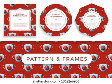 Christmas covid Seamless pattern and frame set vector illustration. Virus protection and Merry Christmas concept. Vector of New Year 2021 and Coronavirus Covid-19 during pandemic