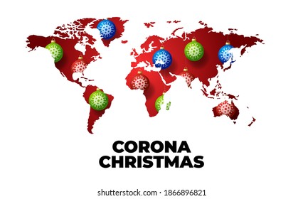 Christmas covid world map. Xmas ball bauble with coronavirus on word map. Vector illustration