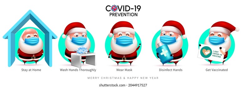 Christmas covid-19 prevention vector design. Covid-19 prevention text with santa claus 3d characters in safety measures for xmas safety campaign. Vector illustration.

