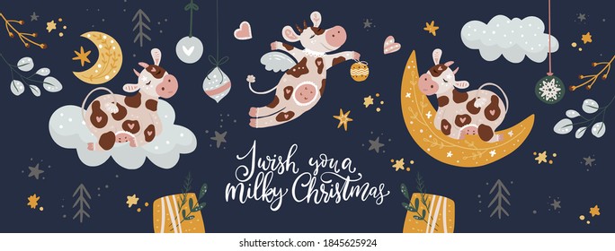 Christmas cow animal social media vector banner. Cute draw vector illustration template banner background. Hand drawn cute cartoon style. Happy 2021 Year.