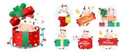 Christmas Cow Kit. 2021 Year Of The Ox. Big Set Of Different Happy Bulls. Chinese Year Of Ox 2021. Year Of The Bull. Bundle For Christmas Greeting Card, Merry Christmas And Happy New Year.