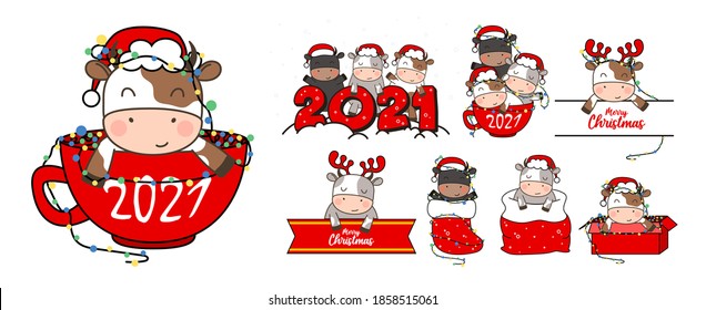 Christmas Cow kit. 2021 year of the ox. Big set of different Happy bulls. Chinese year of Ox 2021. Year of the bull. Bundle for Christmas greeting card, Merry Christmas and happy new year.