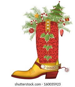 Christmas cowboy boot with christmas decoration isolated on white.Luxury shoe with diamonds and decoration