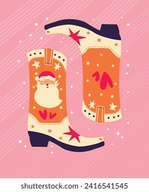 Christmas cowboy boots with Santa Claus, stars and hearts on pink background. Cute festive winter holiday greeting card vector illustration. Bright colorful design.