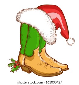 Christmas Cowboy boots and Santa hat.Vector western illustration isolated on white