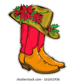 Christmas Cowboy boots and western hat with holiday decoration.Vector illustration