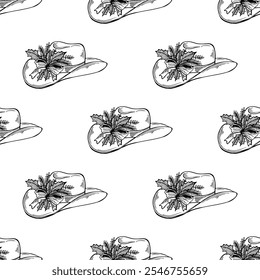 Christmas cowboy hat with floral black outline seamless pattern. Western winter illustration.