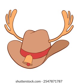 Christmas cowboy hat with gold reindeer antlers, bell and red hatband hand drawn illustration