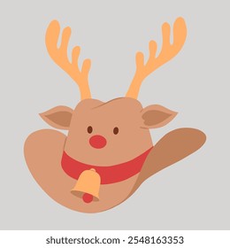 Christmas cowboy hat with gold reindeer antlers, red nose, ears, eyes, bell and hatband hand drawn flat design illustration
