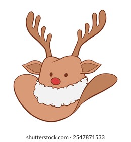 Christmas cowboy hat with reindeer antlers, red nose, ears, eyes and white fluffy fur trim hand drawn illustration