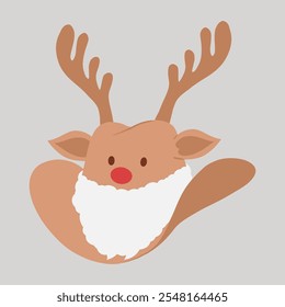 Christmas cowboy hat with reindeer antlers, Santa white fluffy beard, red nose, ears, and eyes hand drawn flat design illustration
