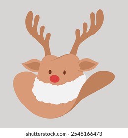 Christmas cowboy hat with reindeer antlers, red nose, ears, eyes and white fluffy fur trim hand drawn flat design illustration
