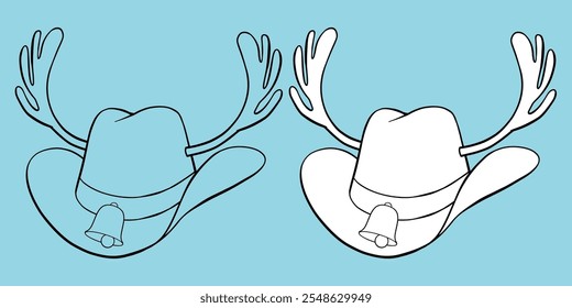 Christmas cowboy hat with reindeer antlers, bell and hatband hand drawn black outline coloring book illustration
