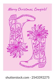 Christmas cowgirl boot with floral and tree branch decor. Western line art hand drawn vector illustration. Holidays card.