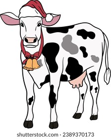 Christmas Cows, Western Mooey Christmas, Retro Cowboy Cow, Cow Santa Hat, Holstein Cow