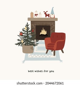 Christmas cozy armchair with fireplace and Christmas tree. Winter holiday new year season card. Vector illustration in hand drawn cartoon flat style