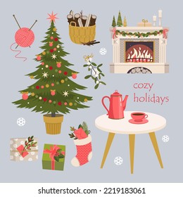 Christmas cozy elements set - fireplace, table, coffee pot, gifts, mistletoe, Christmas tree. Hygge mood. Illustrated vector element.