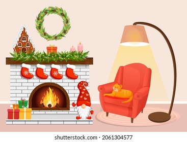 Christmas cozy home interior with fireplace, armchair, cat, and lamp. Scandinavian and hygge style. Vector illustration of a room for a postcard, banner, poster, website.
