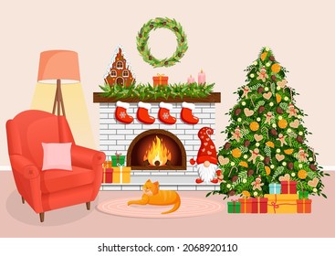 Christmas cozy home interior with fireplace, tree, gifts, armchair, lamp and cat. Scandinavian and hygge style. Vector illustration of a room for a postcard, banner, poster, website.