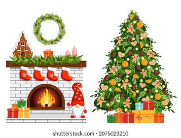 Christmas cozy home interior with fireplace, Christmas tree and gifts. Scandinavian and hygge style. Vector illustration of a room for a postcard, banner, poster, website.