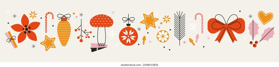 Christmas cozy horizontal background. Winter season pattern. Christmas flower, candy, gift, toy, snowflakes. Cute vector illustration for holiday design. Flat trendy abstract style. Festive decoration