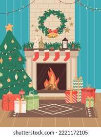 Christmas cozy interior with fireplace and decoration. Cute living room with Xmas tree, balls, gift boxes, garland, candles, bells. Winter holiday season. Flat vector illustration.  