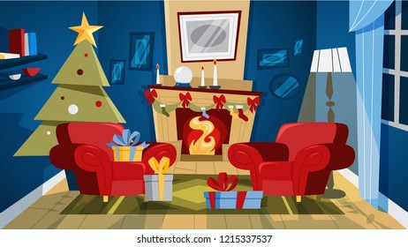 Christmas cozy living room interior with tree and gift boxes. Cute decoration and fireplace. Vector flat illustration