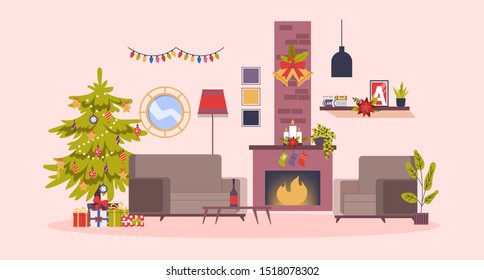 Christmas cozy living room interior with tree and gift boxes. Cute decoration and fireplace. Wooden furniture. flat illustration