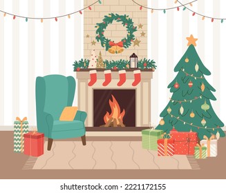 El acogedor salón de Navidad interior con chimenea, sillón y decoración. Decoración de vacaciones de invierno, árbol de navidad, cajas de regalo, guirnaldas, campanas. Ilustración vectorial plana. 