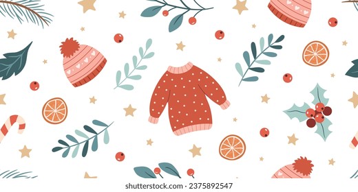 Heimeliges Weihnachtsmuster mit warmen Kleider und Blättern