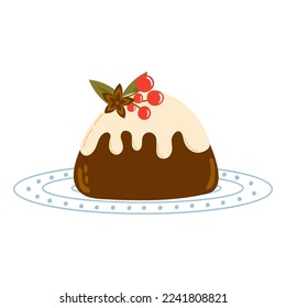 Christmas cozy pudding with berries  on plate isolated on white background, winter holiday pie dessert, time for hygge