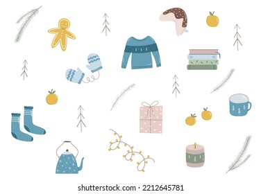 Christmas cozy set in blue colors - sweater, cookies, new year tree, books, candle, socks, cup, kettle, gift box, gloves garland tangerines